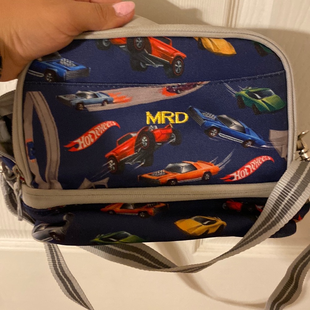 Toddler, pottery barn hot wheels book bag and matching lunch tote.